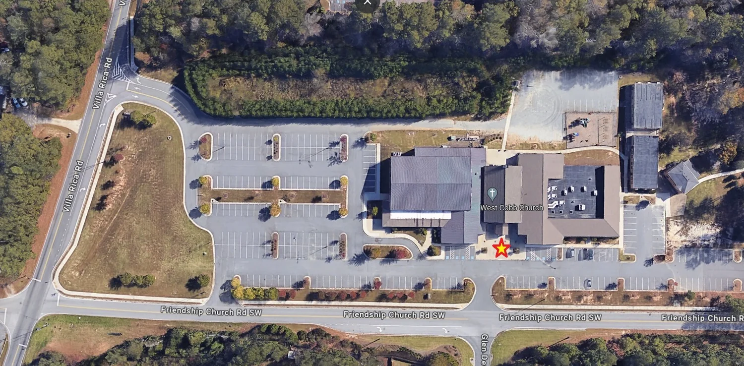 Aerial view of West Cobb Church and parking